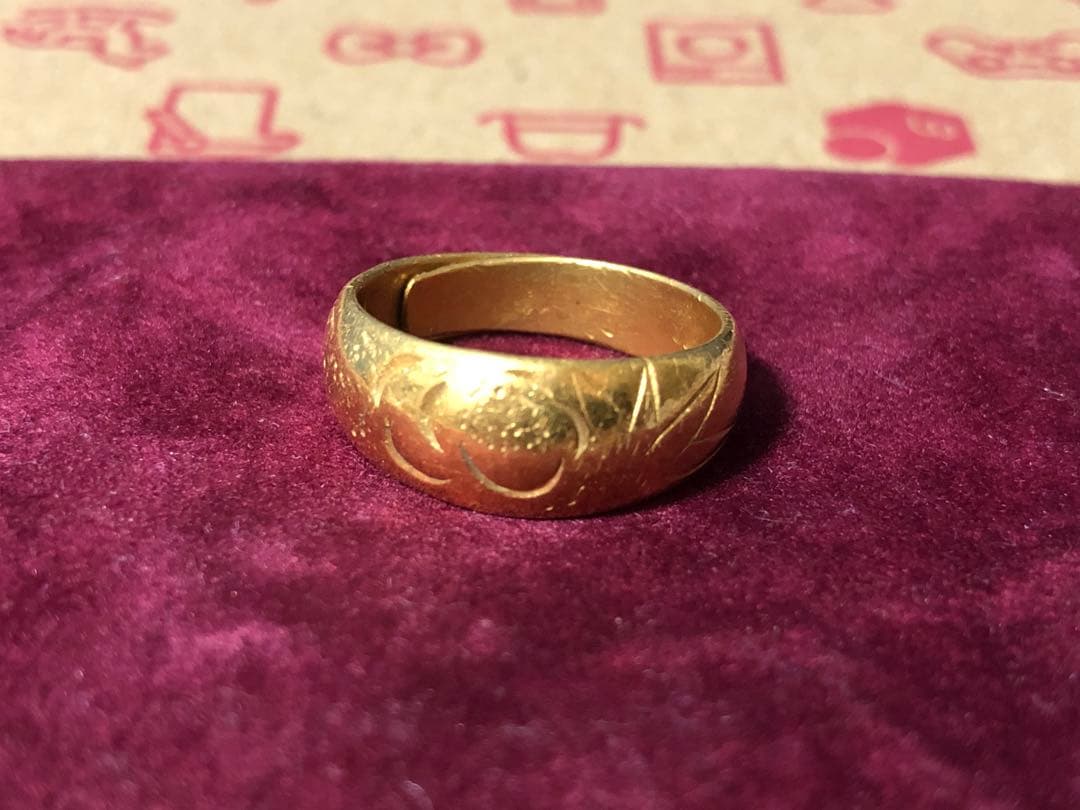 純金　Ｋ24 指輪　甲丸リング　和柄