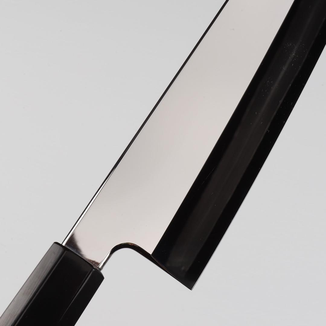 7487梵静刃物9寸勘所牛刀 片刃 ウルトラ鏡面仕上げ 黄檀黒水牛白三本巻八角柄