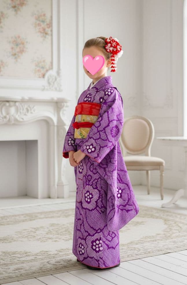 正絹　絞り紫の着物と金の袋帯セット　七五三