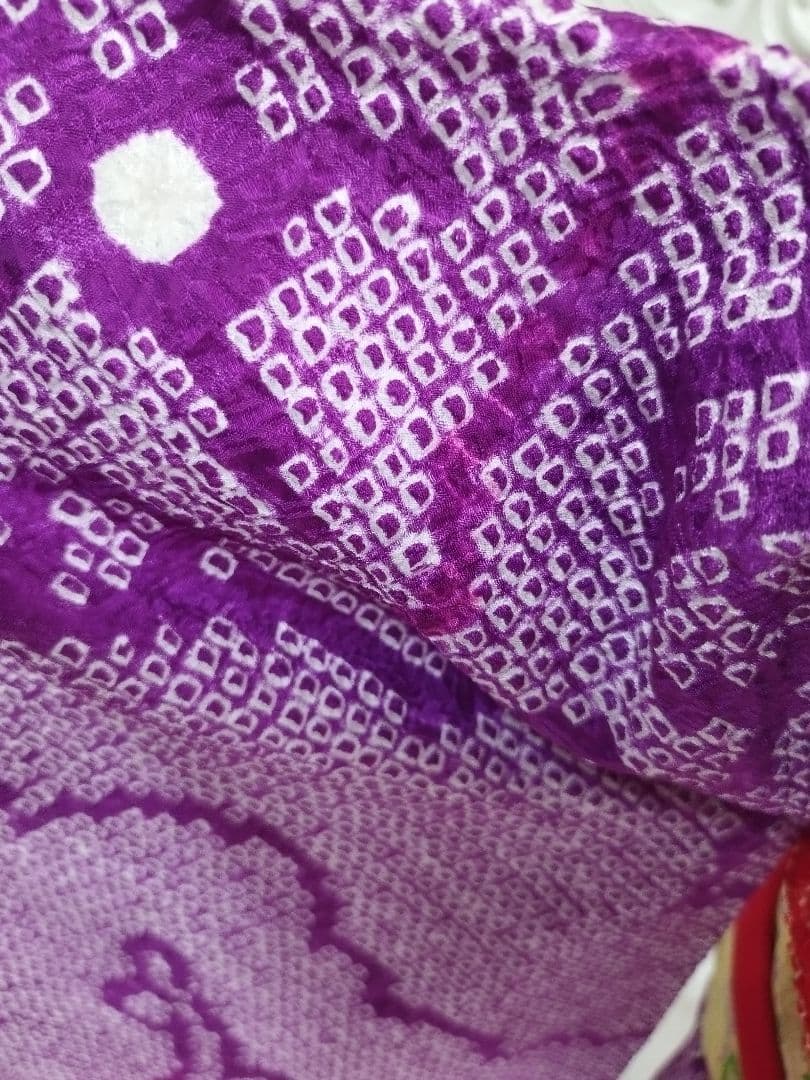 正絹　絞り紫の着物と金の袋帯セット　七五三