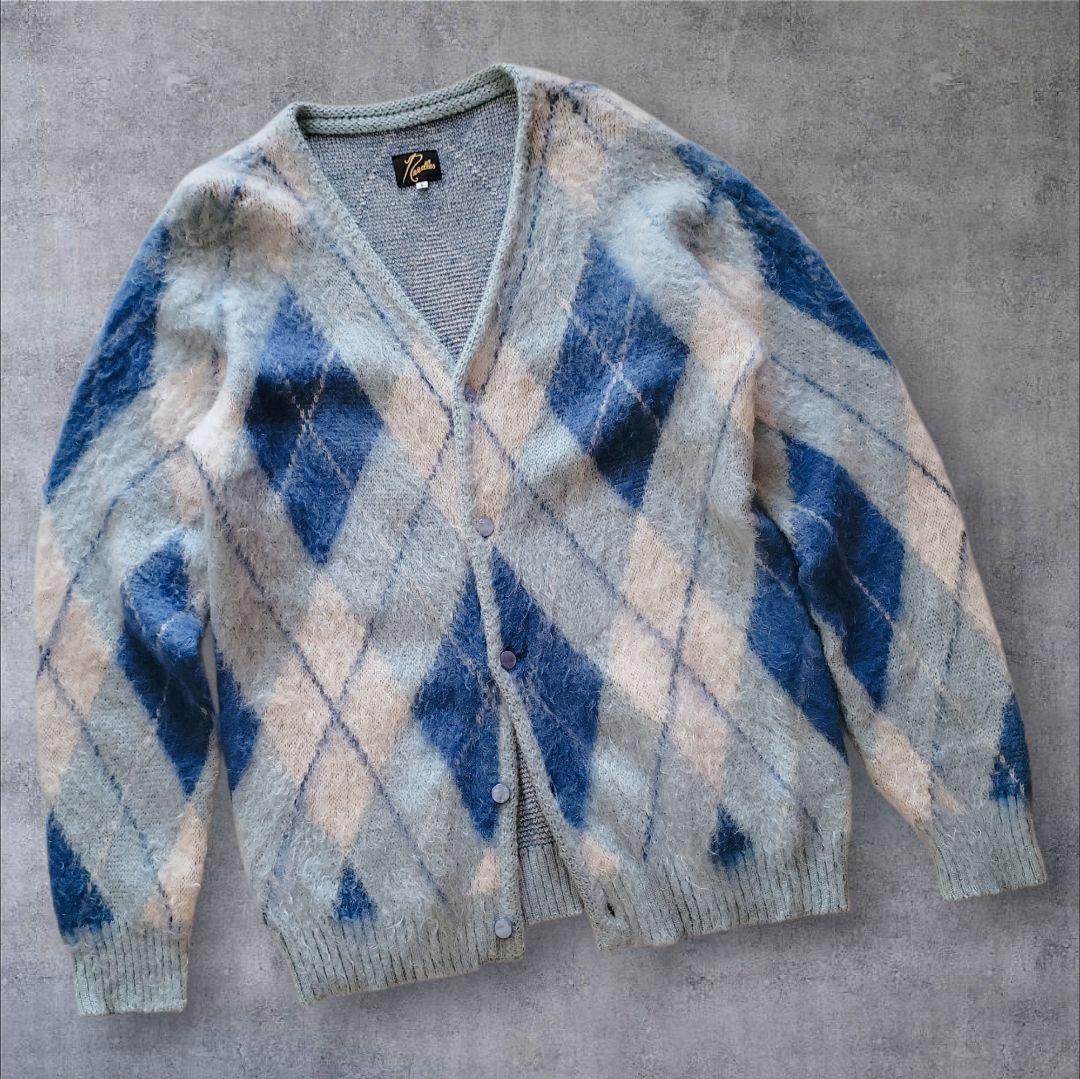Needlesニードルスアーガイル柄モヘヤ混カーディガンSブルー