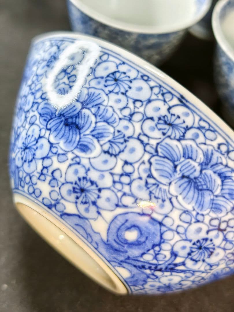 煎茶道具 京焼/清水焼 平安吉兆 染付薄手玉露茶器 手書き花文 共箱 舟型湯冷し