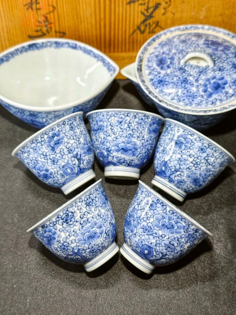 煎茶道具 京焼/清水焼 平安吉兆 染付薄手玉露茶器 手書き花文 共箱 舟型湯冷し