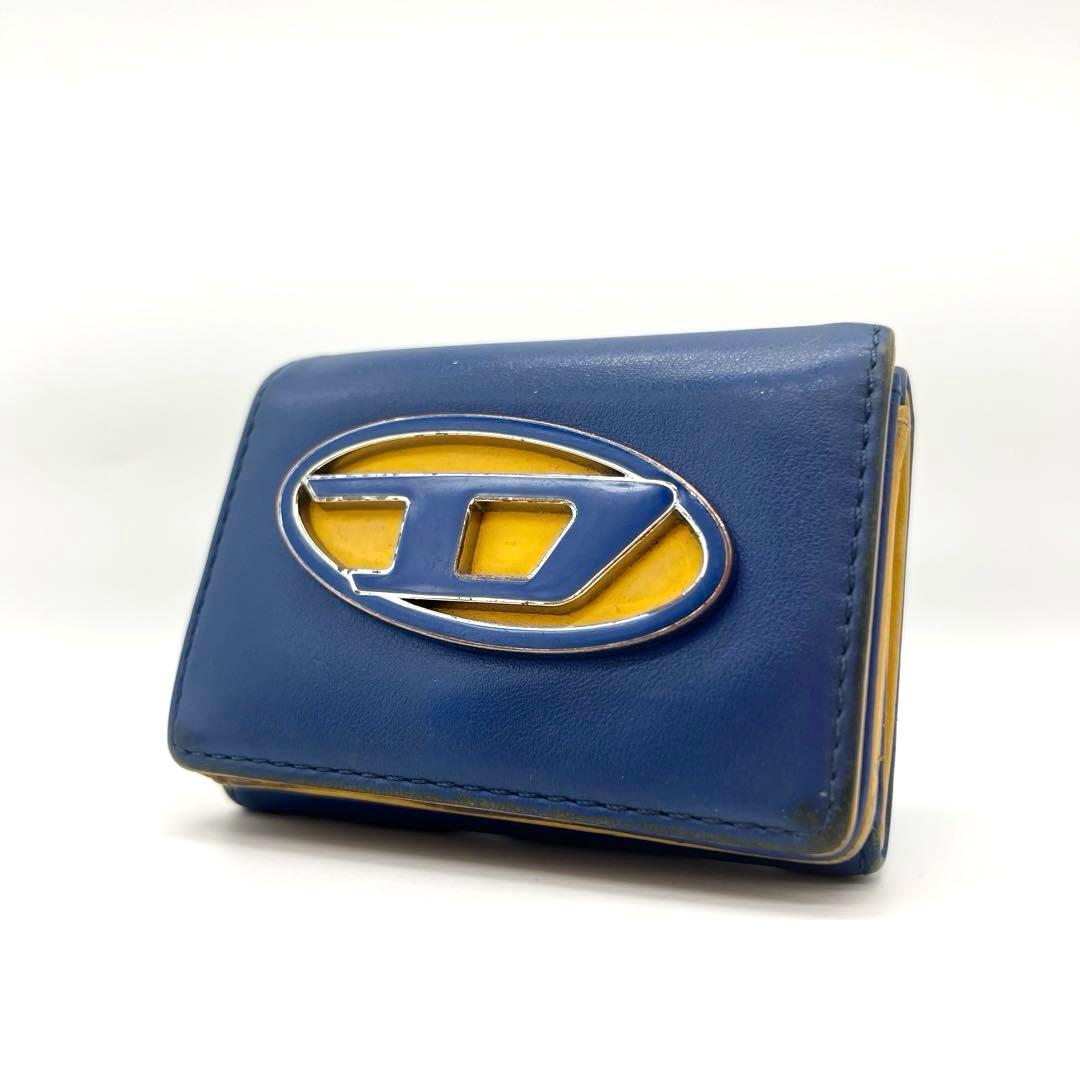 【希少✨完売品】ディーゼル　三つ折り財布　1DR　Dロゴ　レザー　ブルー　イエロ