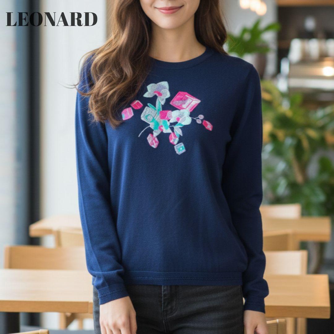 【 美品】LEONARD レオナール 花柄刺繍 薄手ニット ネイビー 42 XL