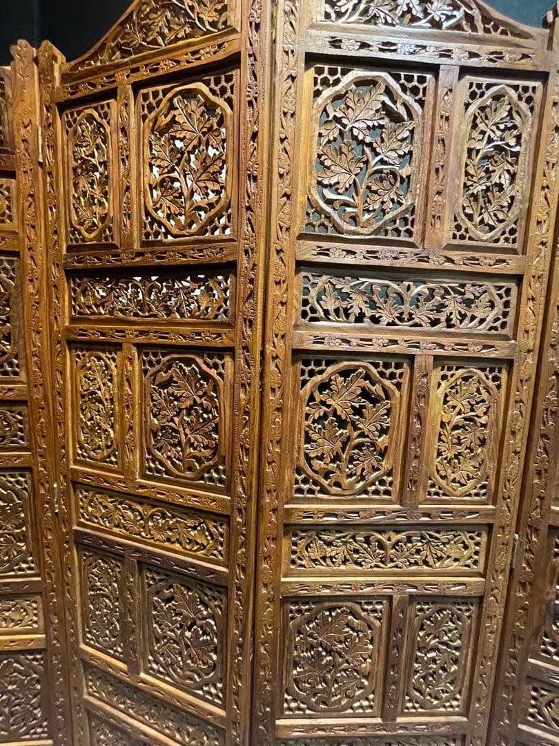 ★木製透かし彫り 4連パーテーションアジアン 衝立木製彫刻パーテーション