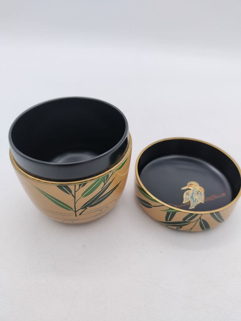 c667 中棗 白漆 翡翠蒔絵 蓋裏絵付 中村湖彩 木箱 茶道具 古物