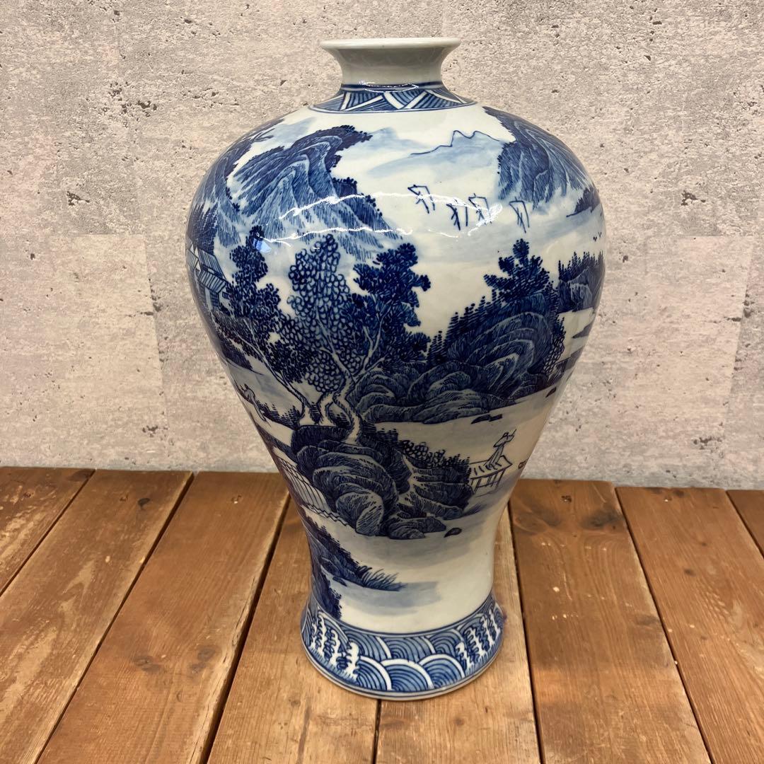 昭和レトロ 中国美術 大清康照年製 陶器製 染付 山水図 花瓶 壺 飾り壺 花器