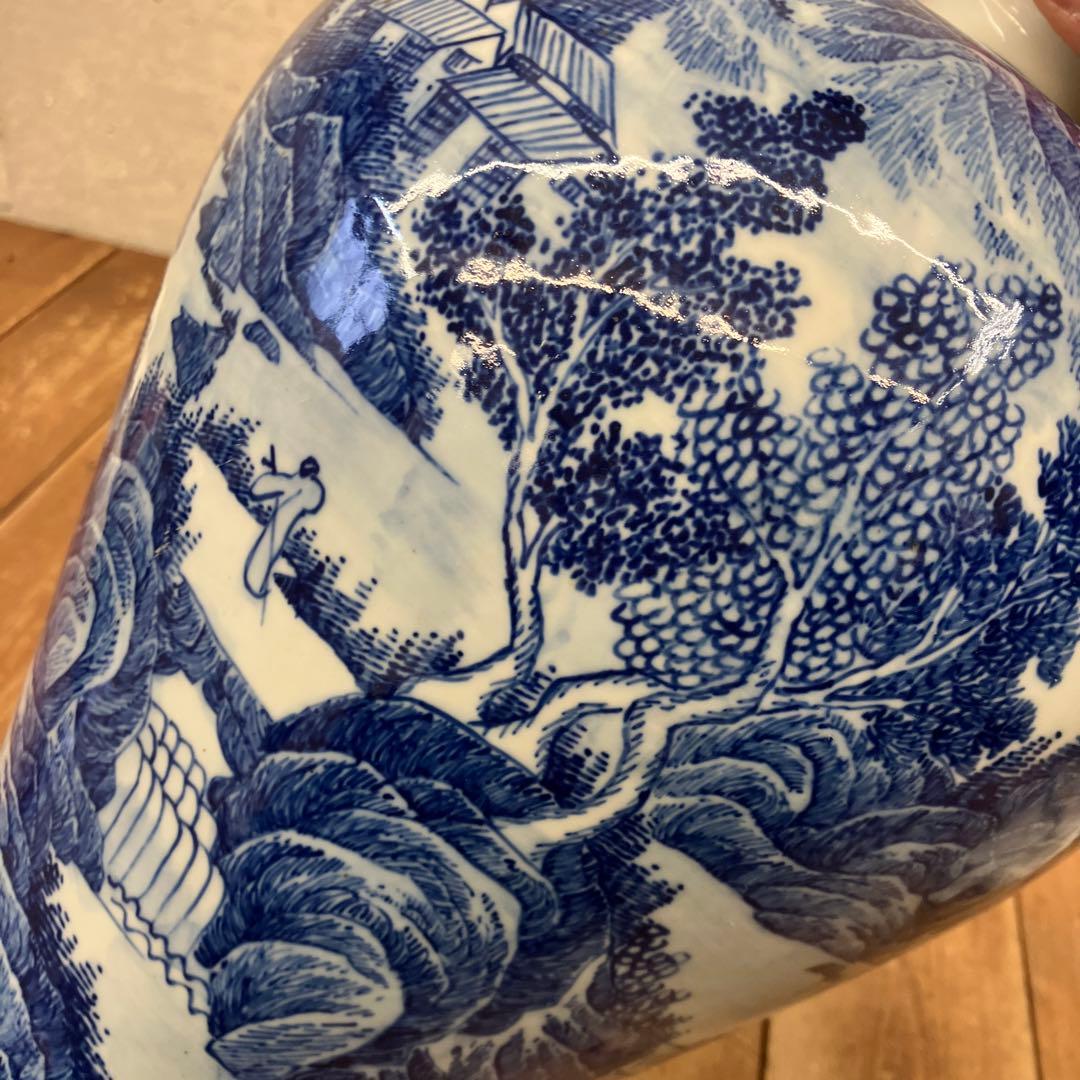 昭和レトロ 中国美術 大清康照年製 陶器製 染付 山水図 花瓶 壺 飾り壺 花器