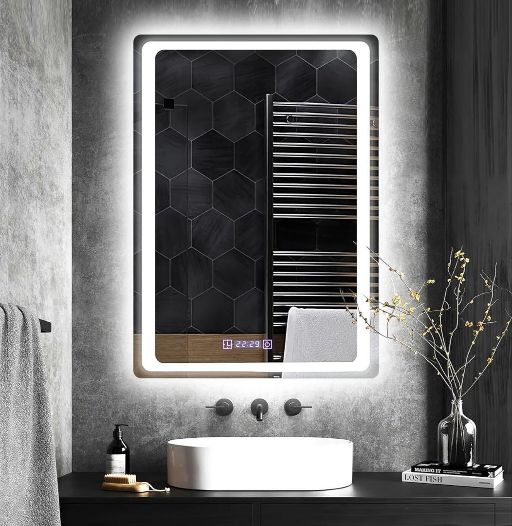 LEDミラー 鏡 浴室鏡 LEDライト付 ウォールミラー 方型 縦掛 70x50