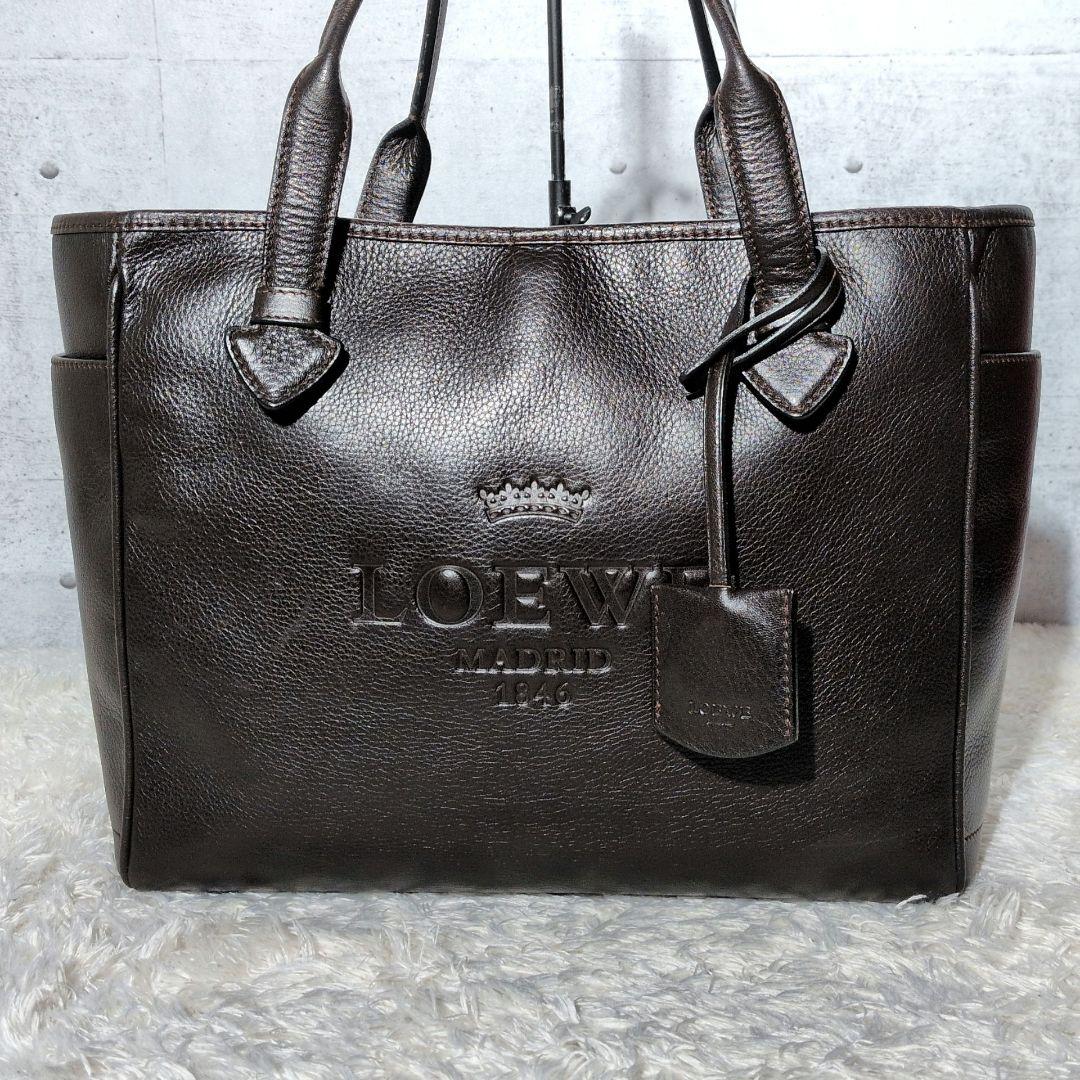 【美品 A4◎】ロエベ　ヘリテージ　トートバッグ　ビッグロゴ　ビジネス　シボ革