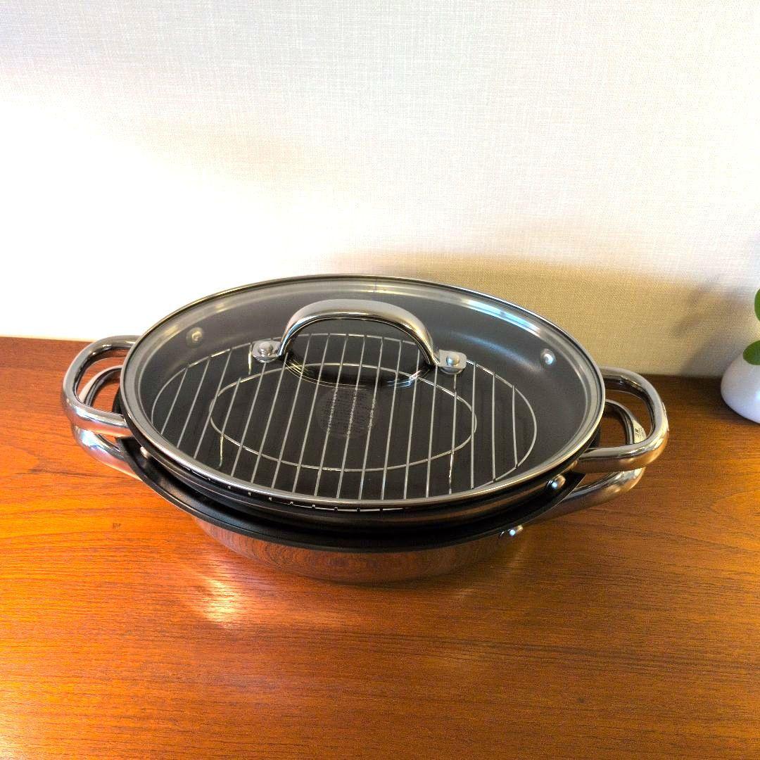 美品　 MEYER オールインワン オーバルパン グリルプレス＆中網付き！
