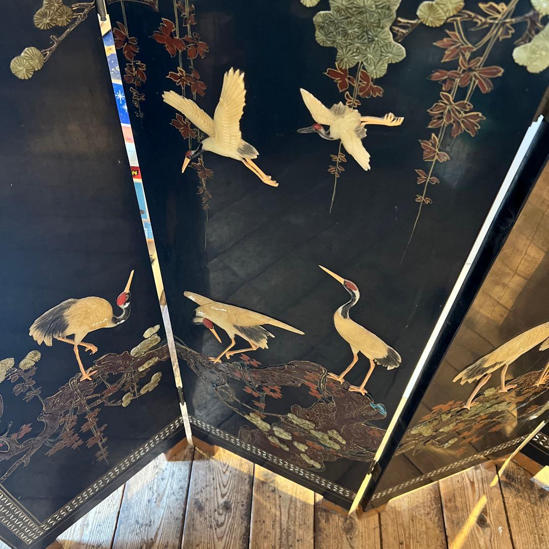 一点　中国美術 螺鈿細工 鶴　年代物　パーテーション 飛天 漆器 天水