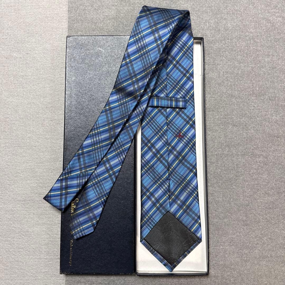 美品　ヴィヴィアンウエストウッド　ネクタイ　青紺　オーブ柄　チェック