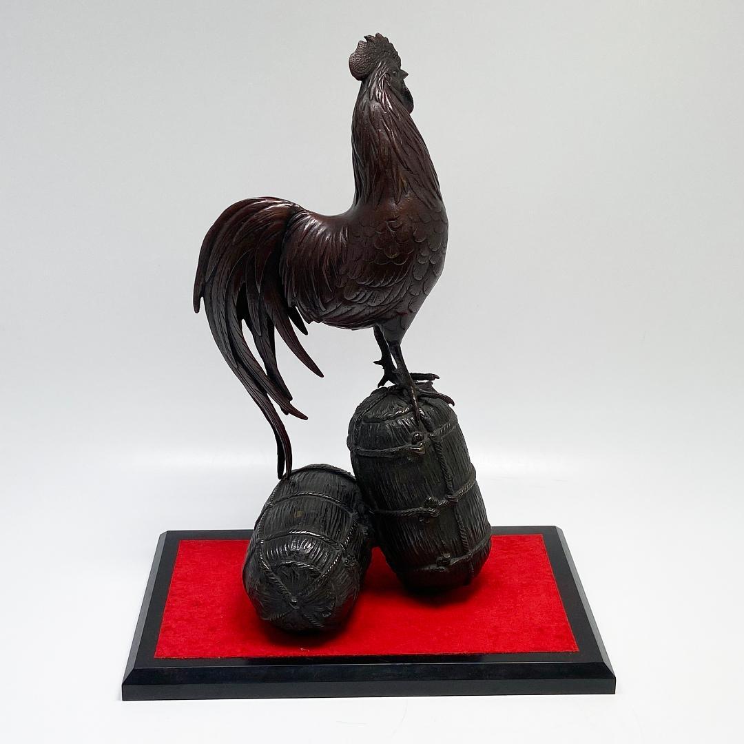 鋳金家 芳山 作 唐銅製 俵鶏置物 オブジェ 銅像 ブロンズ像