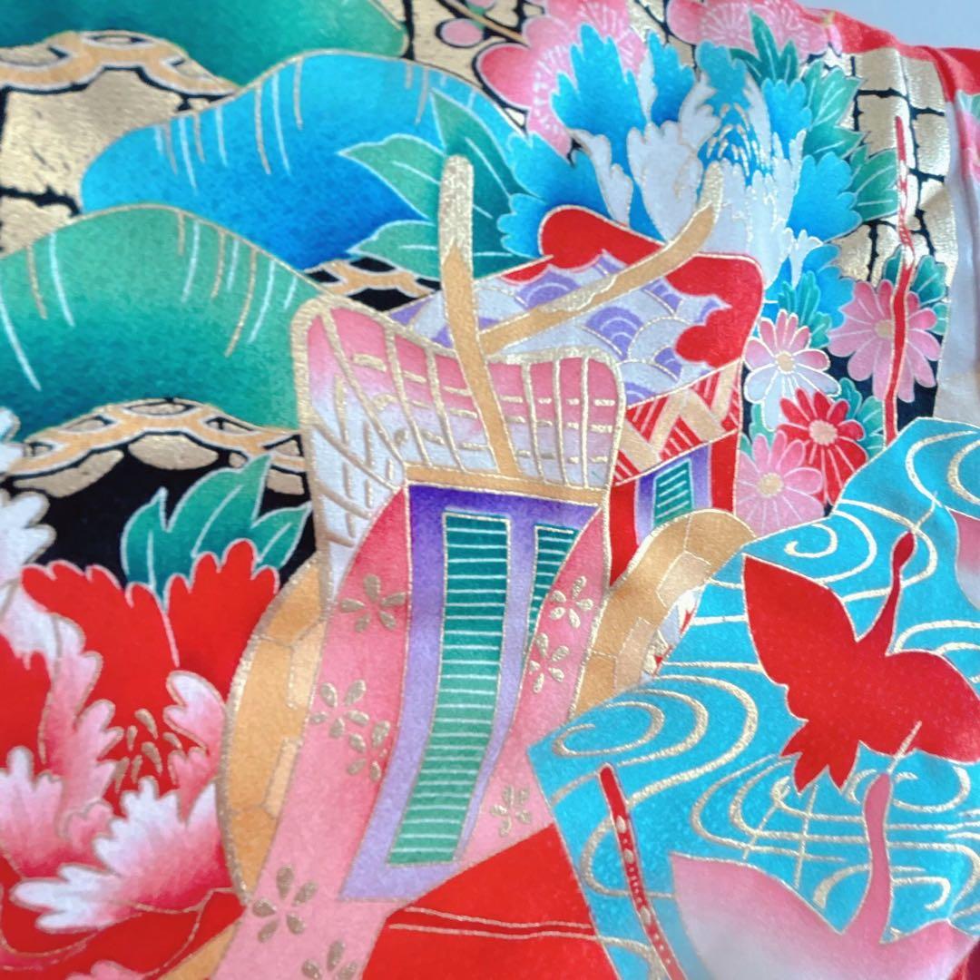 セット　七五三７歳女の子　着物＆帯＆長襦袢＆小物　オレンジ　花御所車　牡丹　鶴