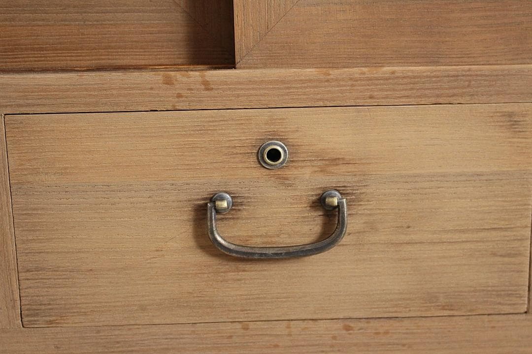 古いガラス戸棚×木製小引き出し3杯　ローチェスト　ローボード　古家具