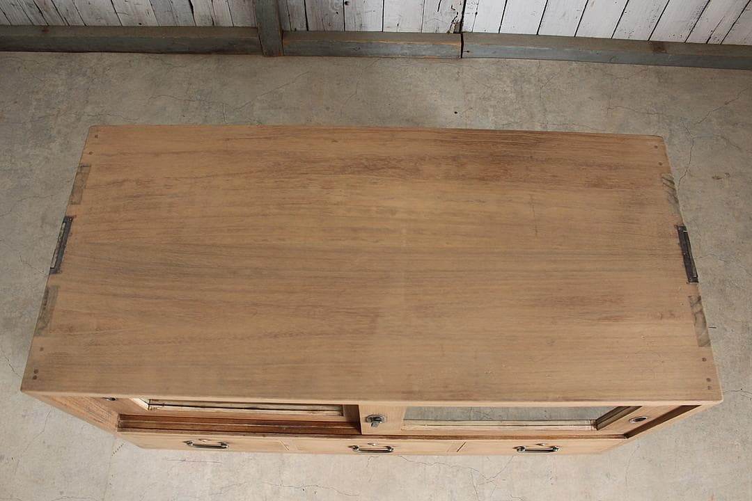 古いガラス戸棚×木製小引き出し3杯　ローチェスト　ローボード　古家具