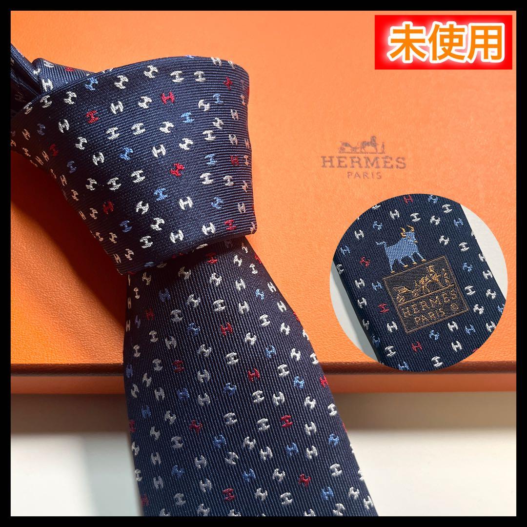 希少✨未使用✨HERMES エルメス　ネクタイ　高級シルク　H柄 アニマル