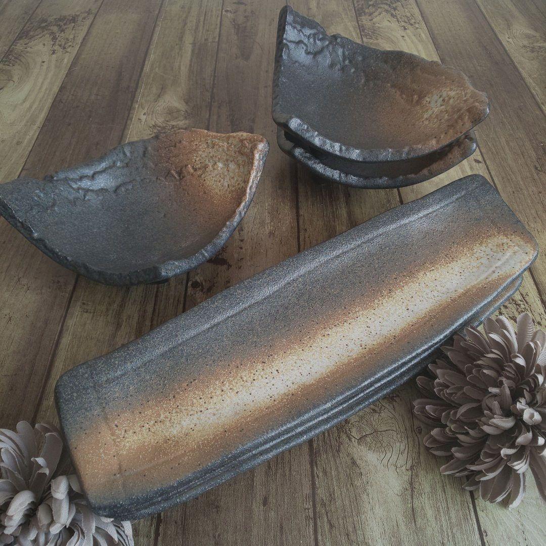 和食器 黒備前 民窯 刺身鉢 長皿 魚皿 変形皿 脚付 ６枚②