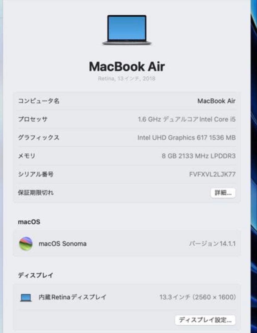 2018年 MacBook core i5 メモリ8GB SSD 128GB