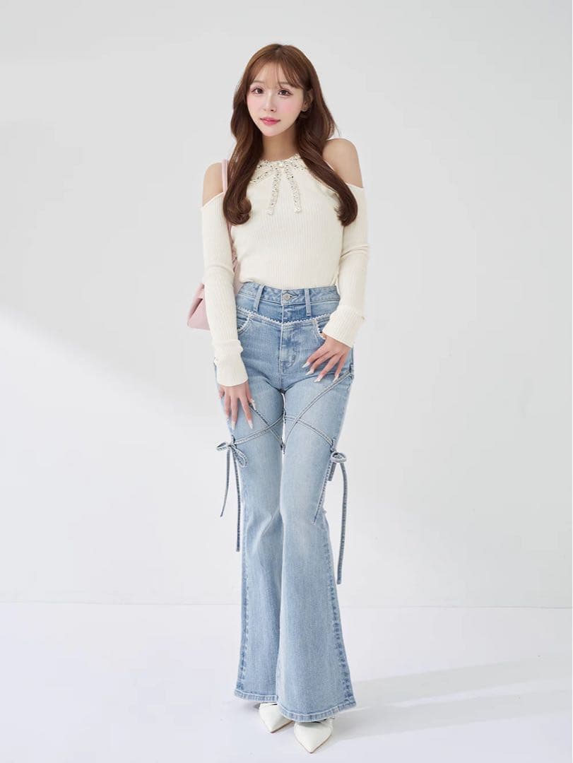 新品タグ付 ダーリッチ リボンビジューアメスリニットトップス アイボリー