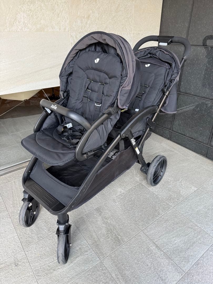 美品カトージJoie エヴァライトデュオ2人乗りベビーカー　レインカバー付き