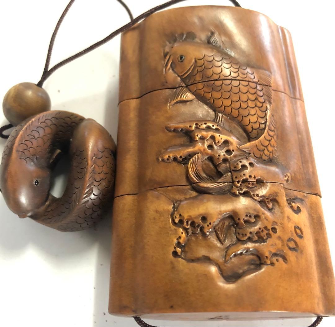 印籠鯉波の図手作りアンティークオブジェインテリア現品無料発送