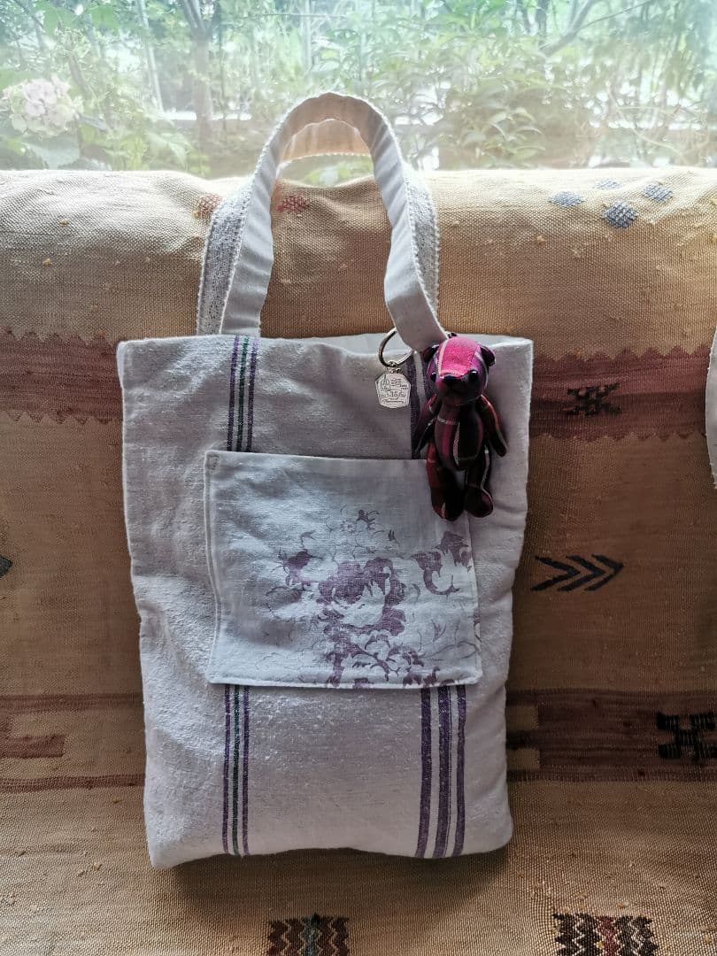 ハンドメイド✃アンティークホームスパンリネン＆キャベジズ花柄リバーシブルトート