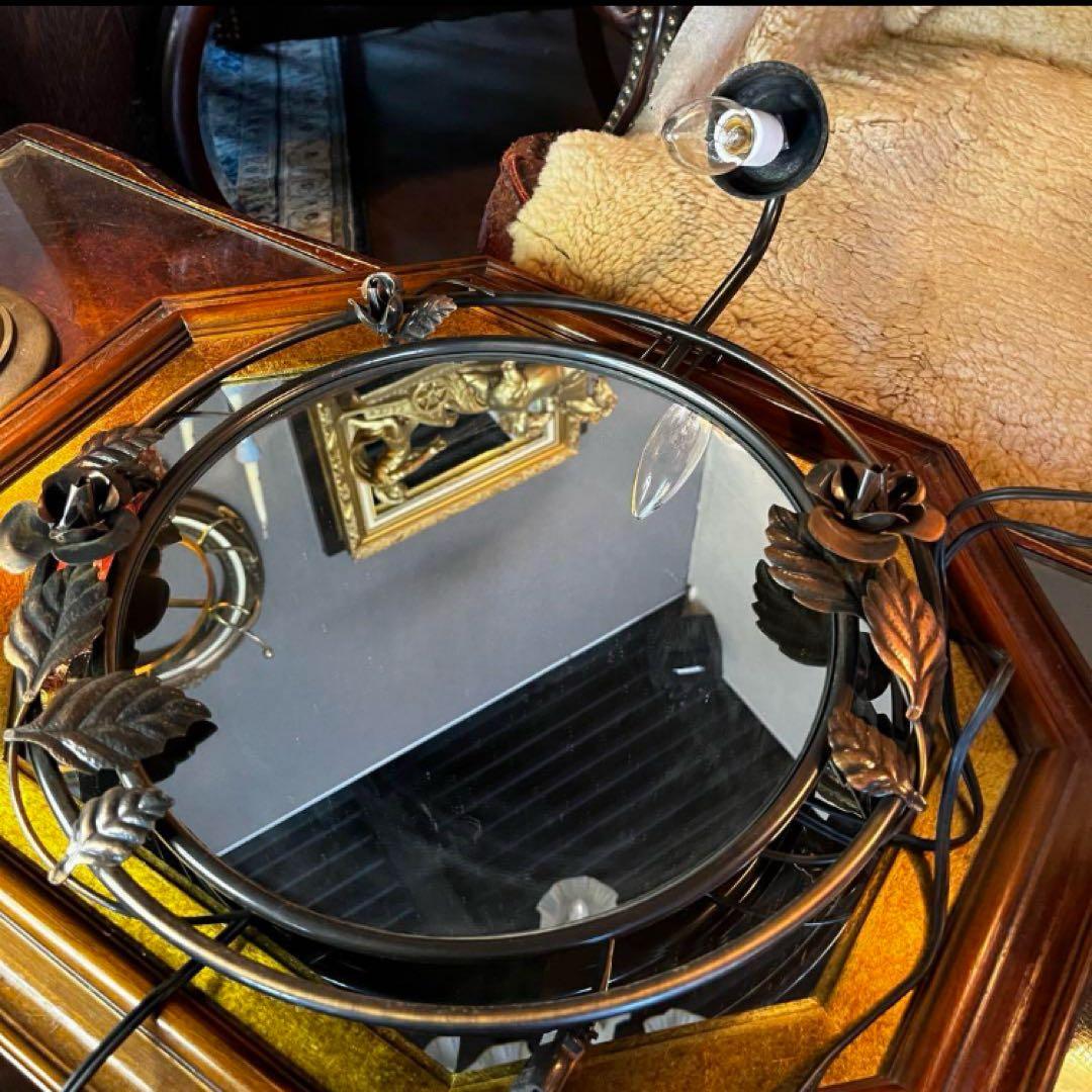 湯布院アンティーク ヨーロピアン ビンテージ ウォールミラー ローズ　照明付き