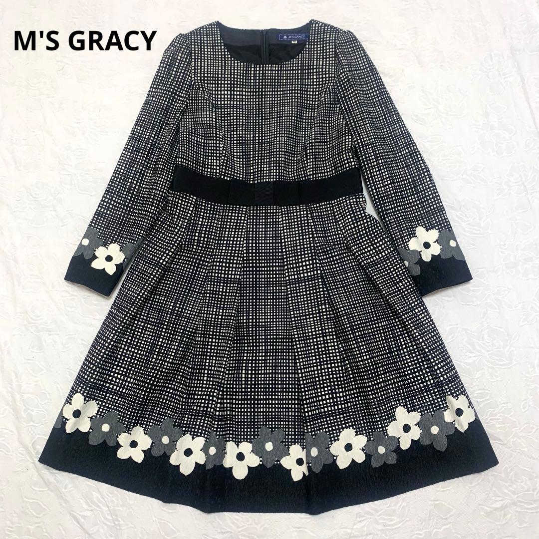 M'S GRACY ワンピース 40 花柄 ブラックフラワーモチーフ タック入り