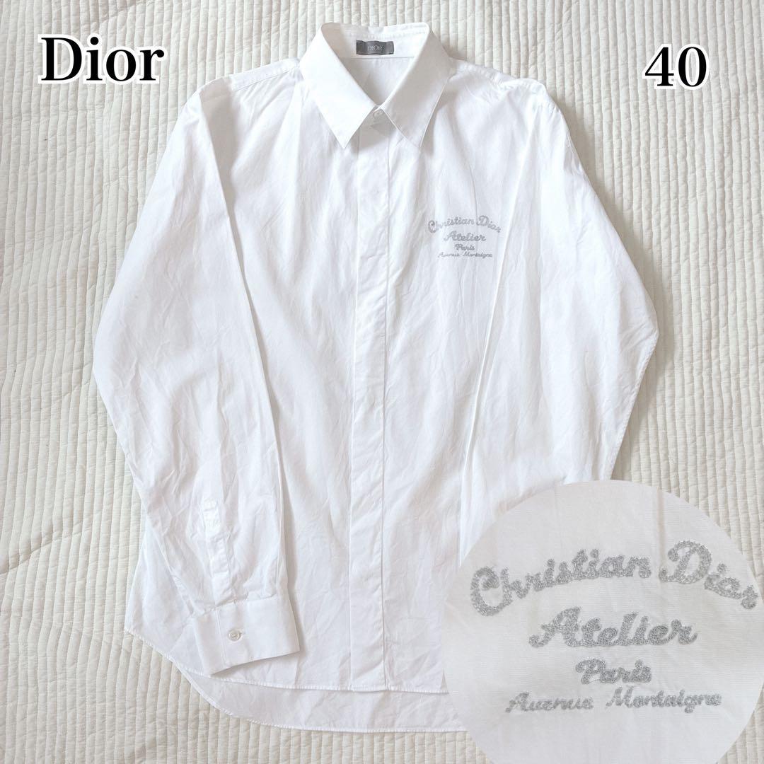 希少 Dior ドレスシャツ アトリエロゴ 刺繍 ホワイト 40 M 長袖シャツ