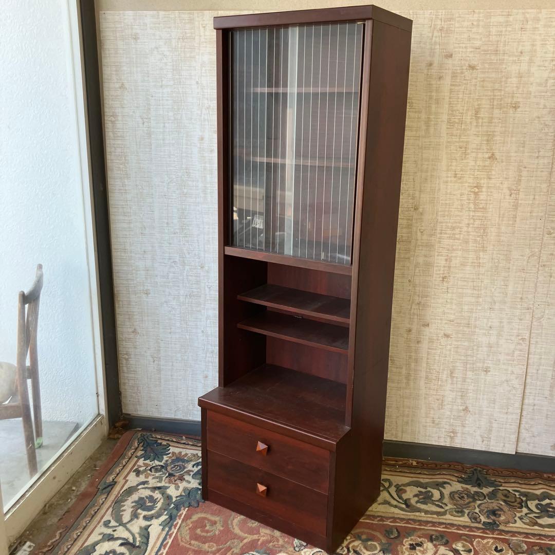 昭和レトロ 古家具 ストライプガラス戸 木製 食器棚 カップボード サイドボード