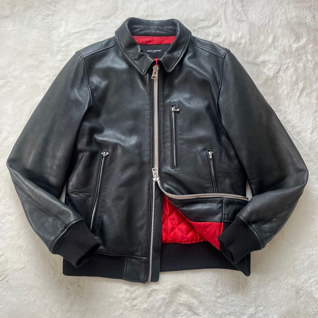 鮮烈レッド裏地✨ナノユニバース　羊革ラムレザージャケット　L キルティング　黒