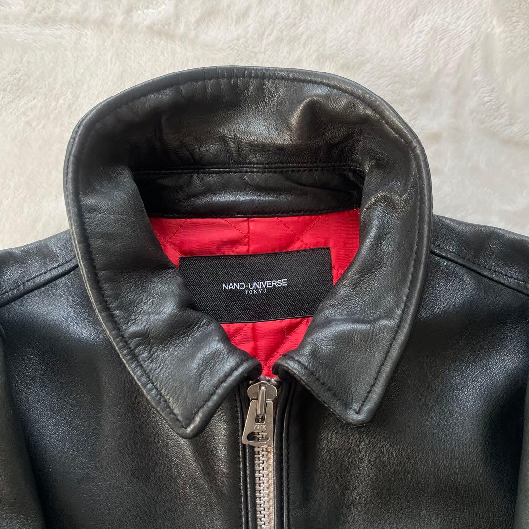 鮮烈レッド裏地✨ナノユニバース　羊革ラムレザージャケット　L キルティング　黒
