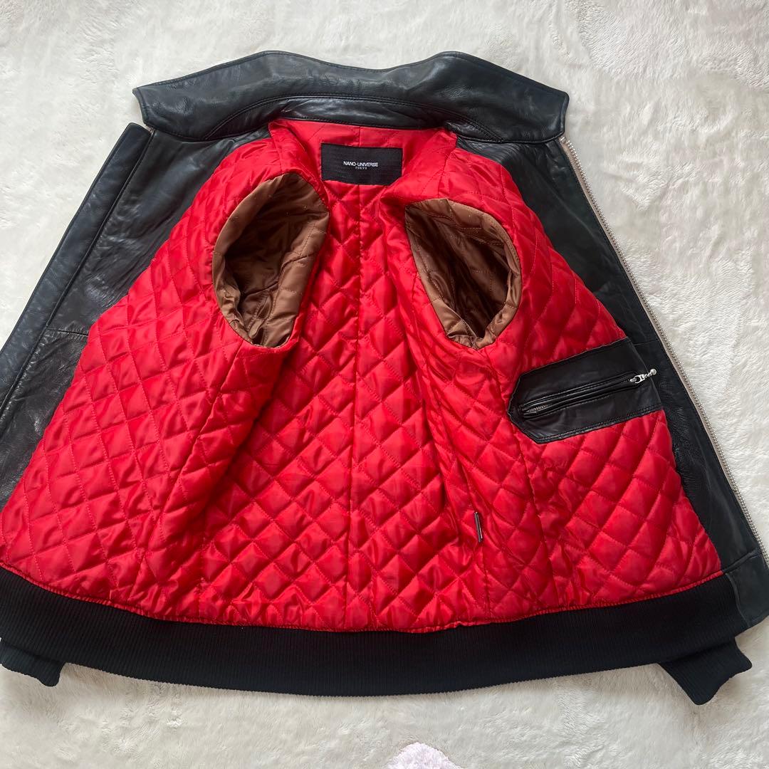 鮮烈レッド裏地✨ナノユニバース　羊革ラムレザージャケット　L キルティング　黒