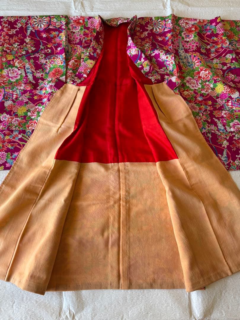 七五三に★正絹アンティーク着物　花車に四季花々　七歳着物、作り帯のセット