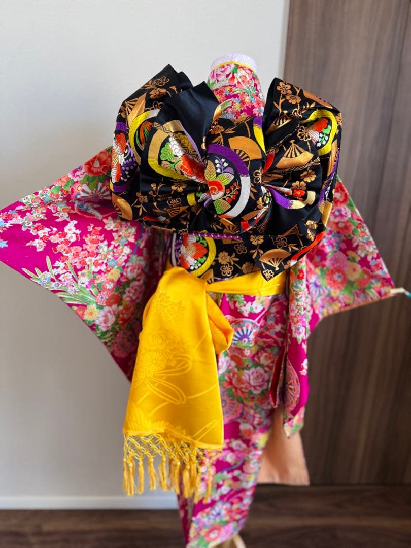 七五三に★正絹アンティーク着物　花車に四季花々　七歳着物、作り帯のセット
