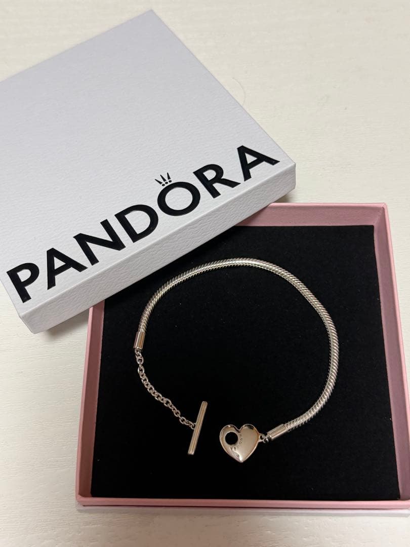 【未使用・付属品完備】Pandora ハートTバー スネークチェーンブレスレット