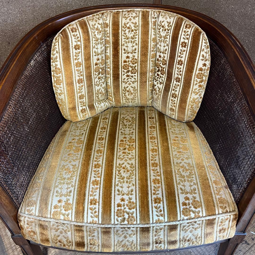 昭和レトロ 籐張り ラウンジチェア 1人掛け　ゴールド系　イエロー系 ラタン