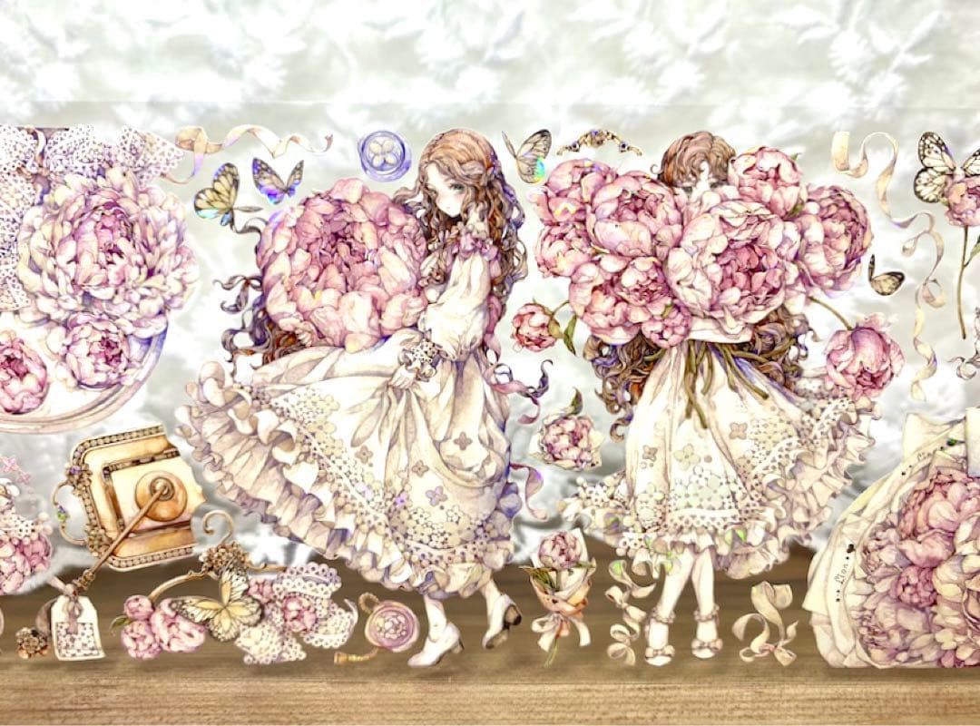 【KN058】海外PET貝殻光マスキングテープ　マステ切り売り　芍药季　お花