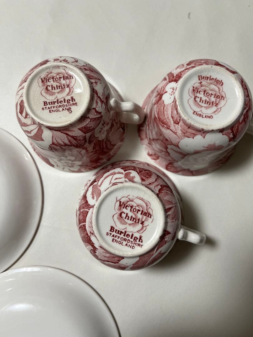 ヴンテージburleighビクトリアンチンツ 大中プレート4枚、カップ3個セット