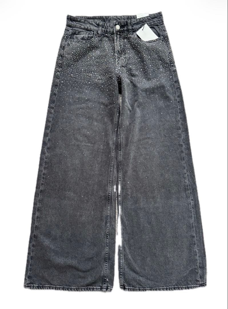 ZARA ルーズワイドレッグ ミッドライズ デニムパンツ グリッター　36