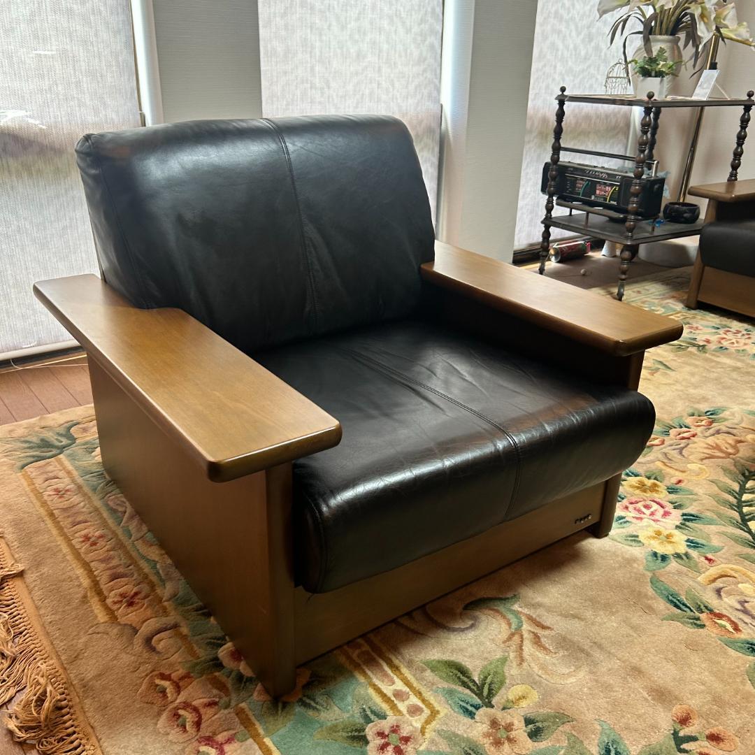 浜本工芸　黒本革レザー1人掛けソファ-a