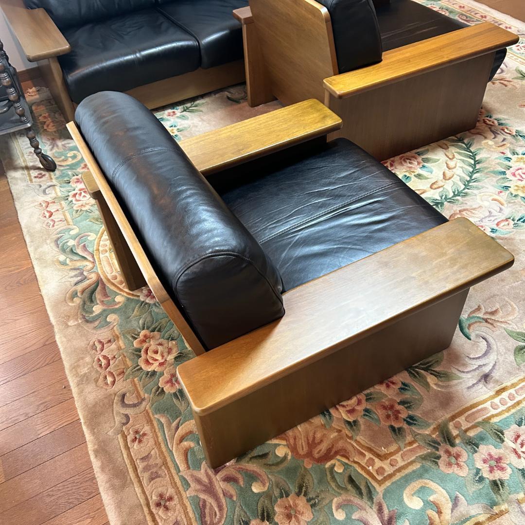 浜本工芸　黒本革レザー1人掛けソファ-a