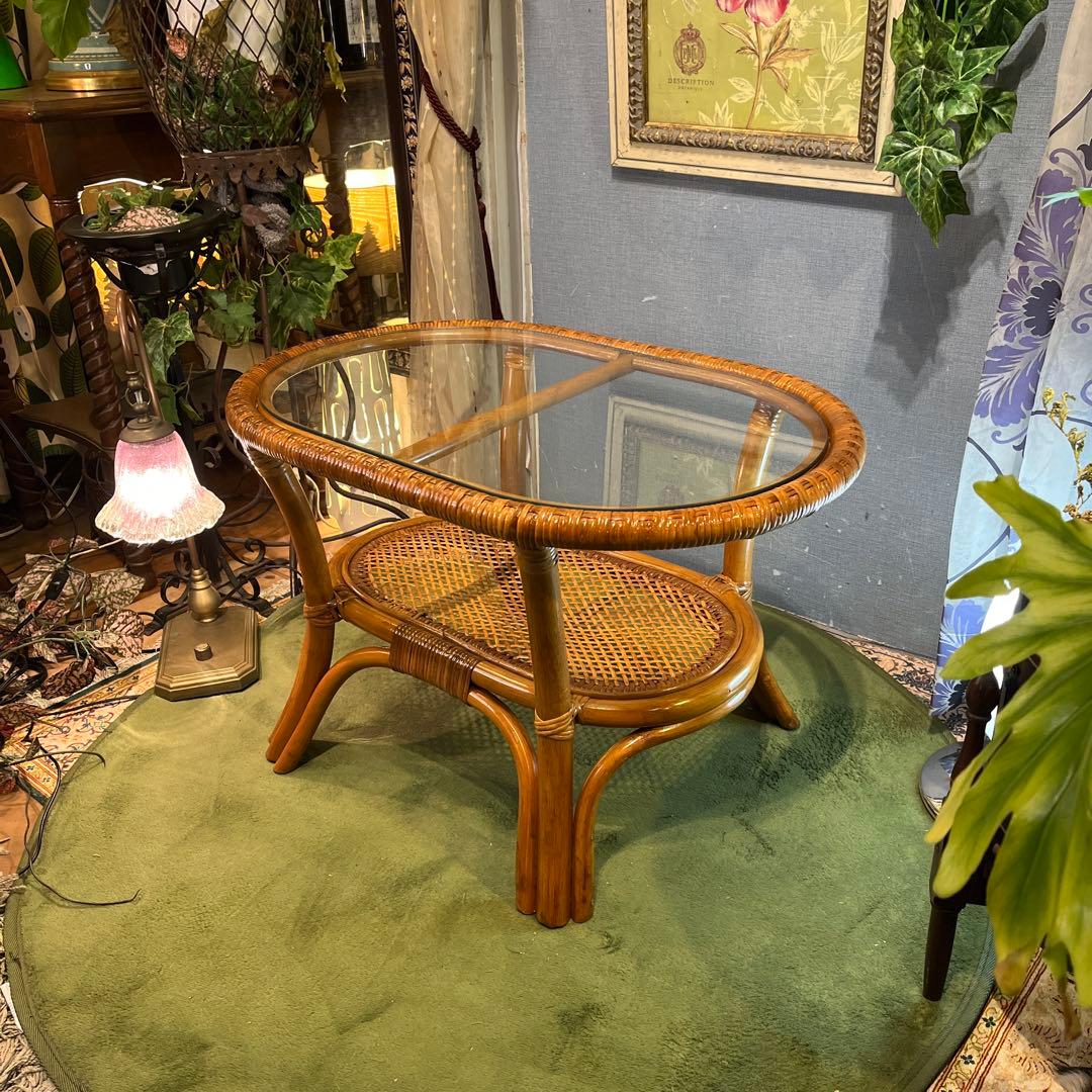 Sale ヴィンテージ 籐ラタンフレーム オーバル　ローテーブル