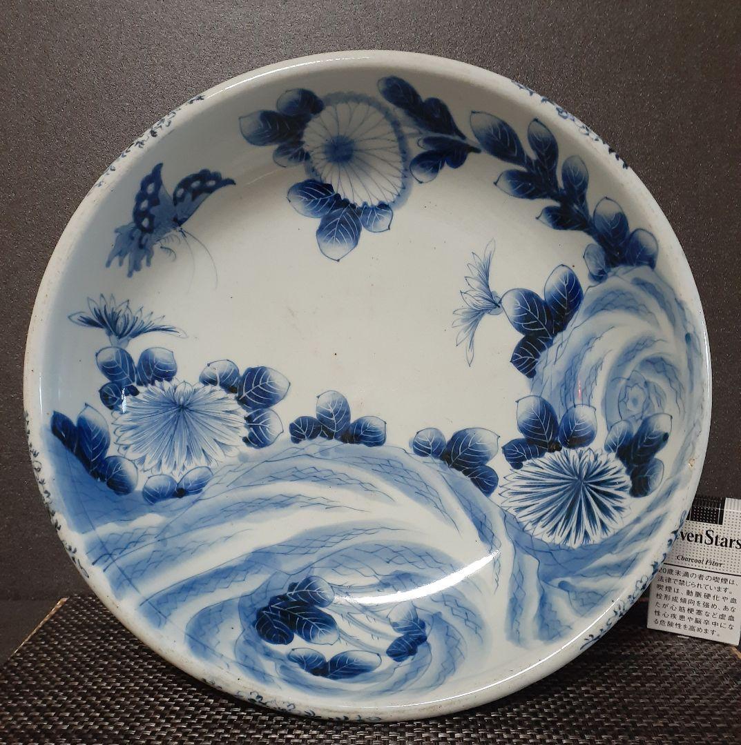 【大名品】江戸末期～明治初期　古伊万里　染付　菊花に蝶の図　特大38.1cm大鉢