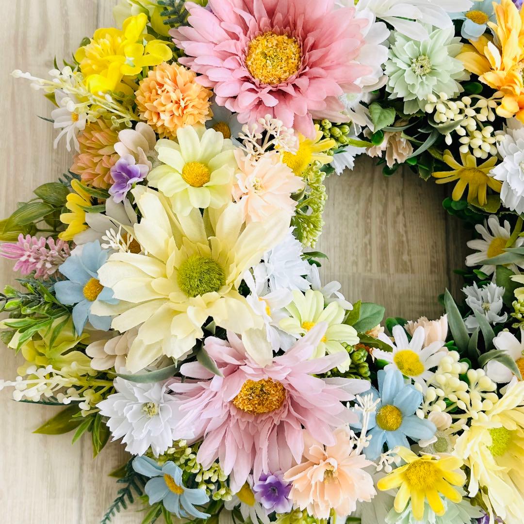 春リース 母の日 プレゼント フラワーリース 春まち パステル 特大 ガーベラ