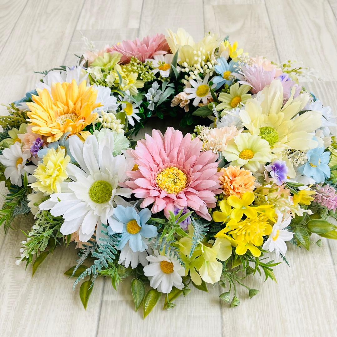 春リース 母の日 プレゼント フラワーリース 春まち パステル 特大 ガーベラ