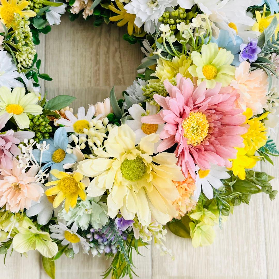 春リース 母の日 プレゼント フラワーリース 春まち パステル 特大 ガーベラ
